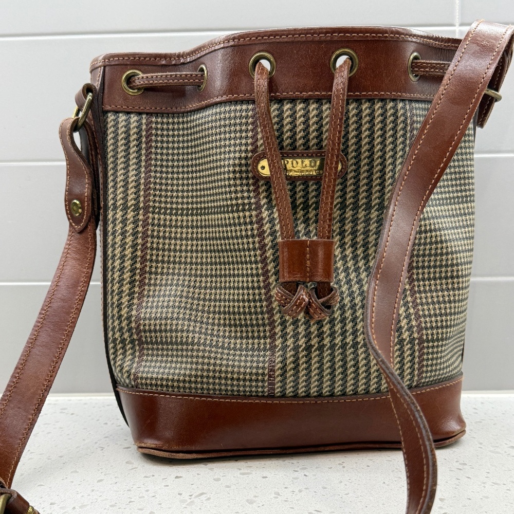 Ralph Lauren Vintage Plaid Leather Drawstring Bag